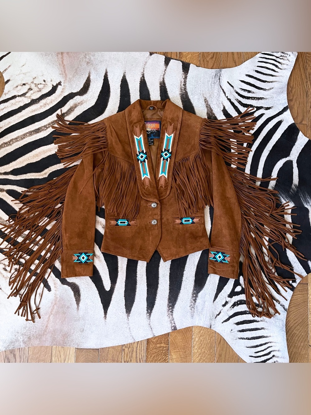 Cripple Creek Western Suede Fringe Jacket with Embroidered Turquoise Accents